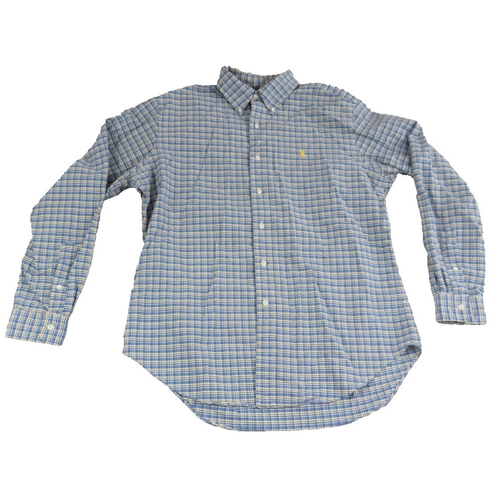 Ralph Lauren Classic Fit Plaid Button Down Shirt Cotton‎ Long Sleeve Blue Gold L